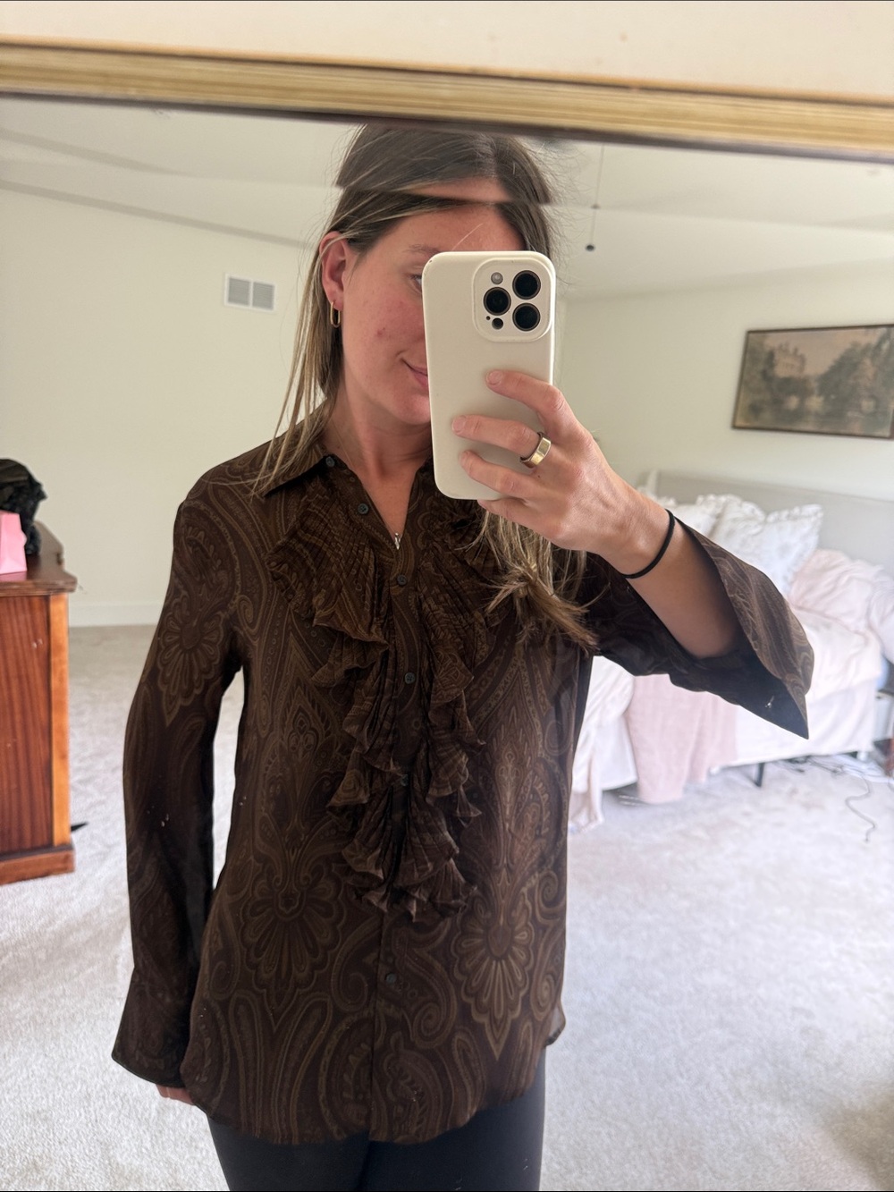 Ralph Lauren 100% silk Ruffled Paisley Long-Sleeve Blouse - Brown size large - Picture 8 of 11